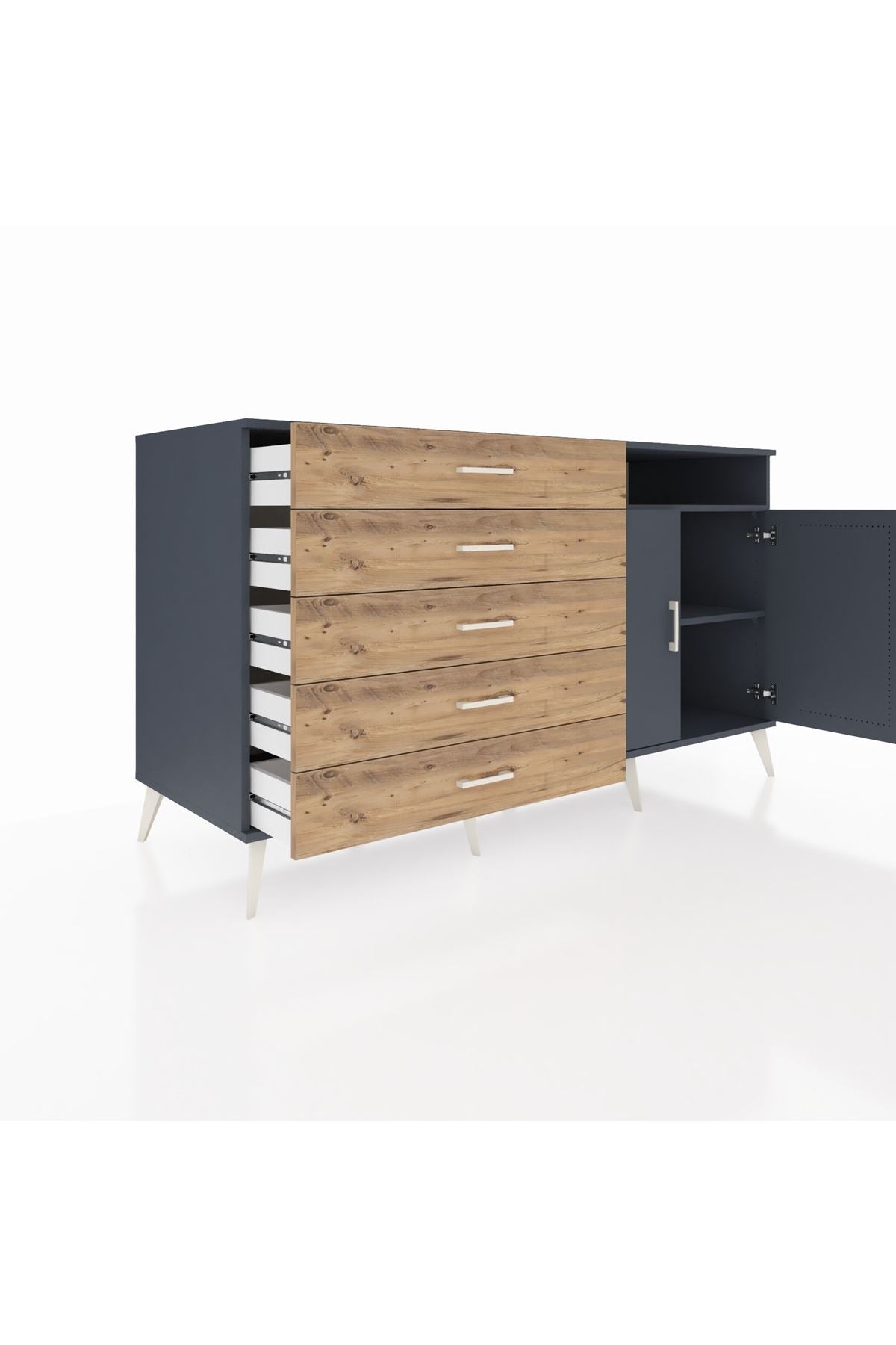 Kronos Konsol 2 Raflı 5 Çekmeceli 2 Kapaklı 176x59x99 Antrasit-Antrasit/Çam