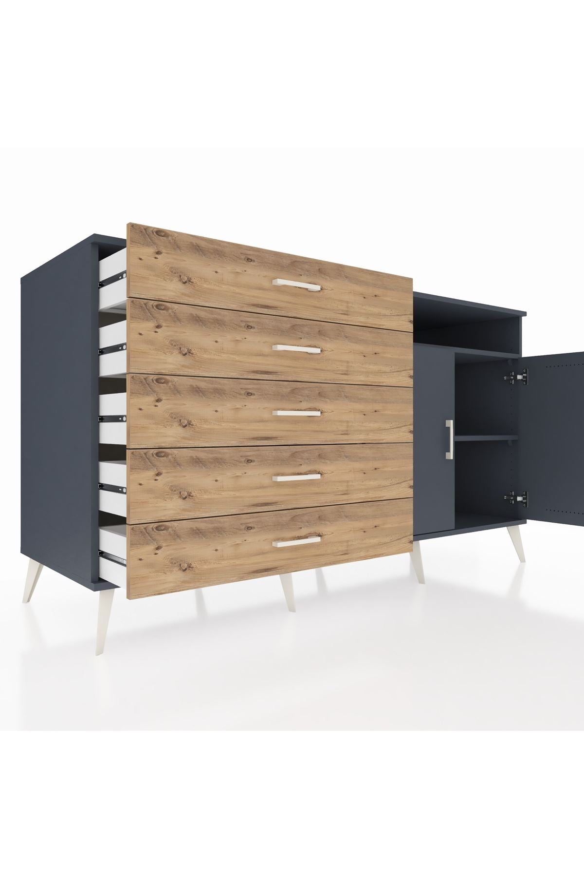 Kronos Konsol 2 Raflı 5 Çekmeceli 2 Kapaklı 176x59x99 Antrasit-Antrasit/Çam