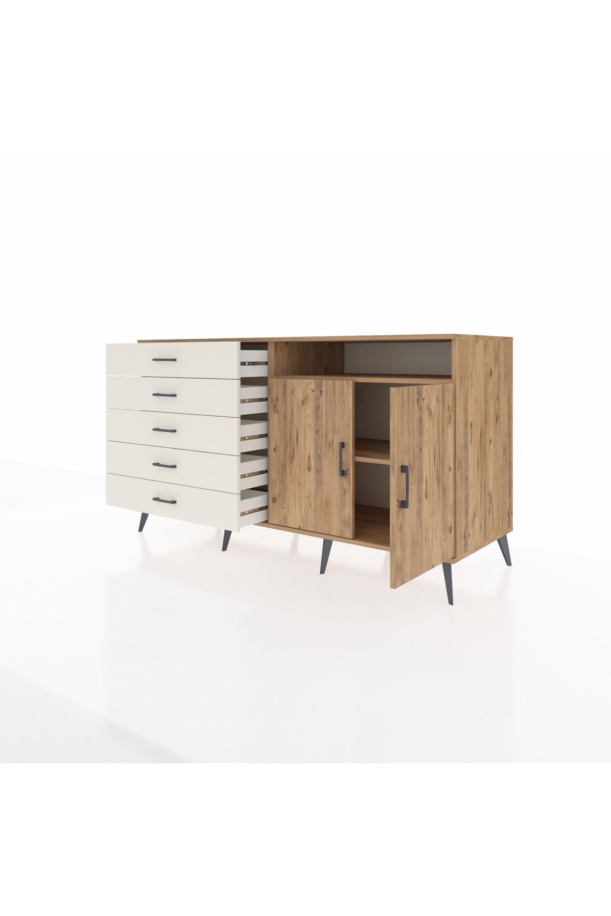 Kronos Konsol 2 Raflı 5 Çekmeceli 2 Kapaklı 176x59x99 Çam-Çam/Aytaşı