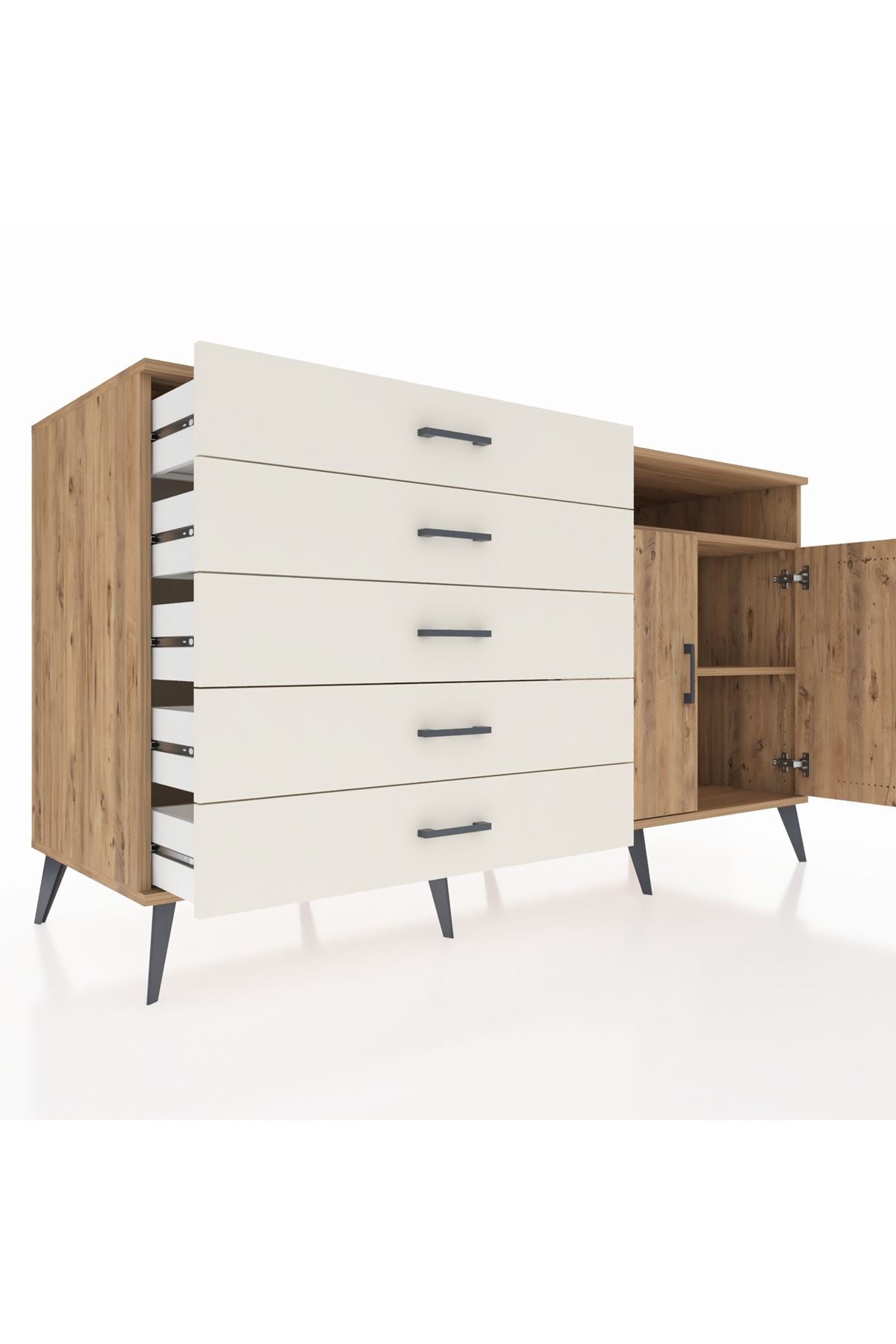 Kronos Konsol 2 Raflı 5 Çekmeceli 2 Kapaklı 176x59x99 Çam-Çam/Aytaşı