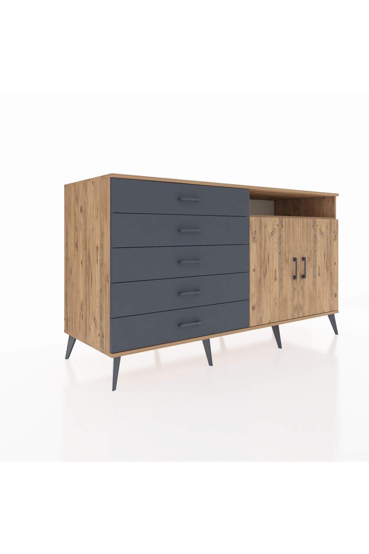 Kronos Konsol 2 Raflı 5 Çekmeceli 2 Kapaklı 176x59x99 Çam-Çam/Antrasit