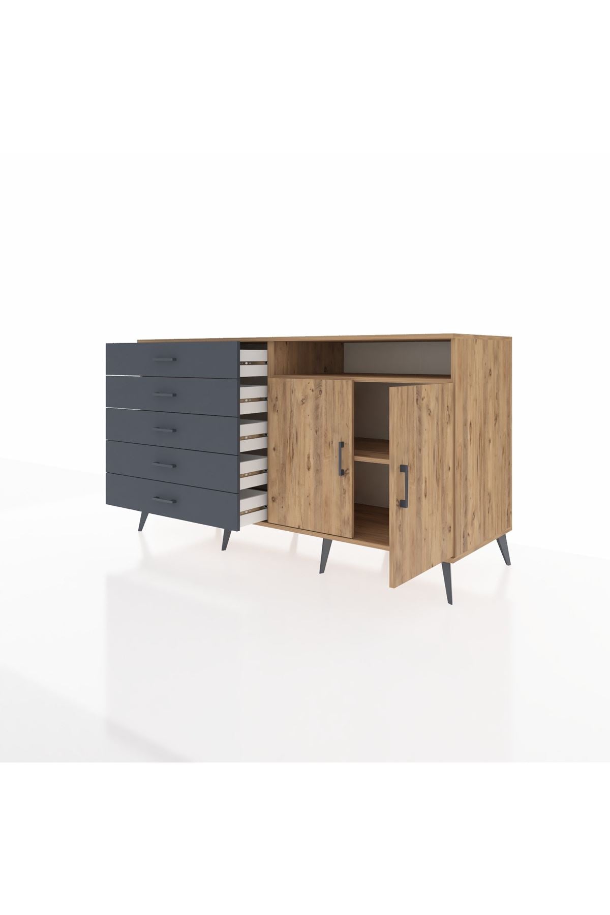 Kronos Konsol 2 Raflı 5 Çekmeceli 2 Kapaklı 176x59x99 Çam-Çam/Antrasit