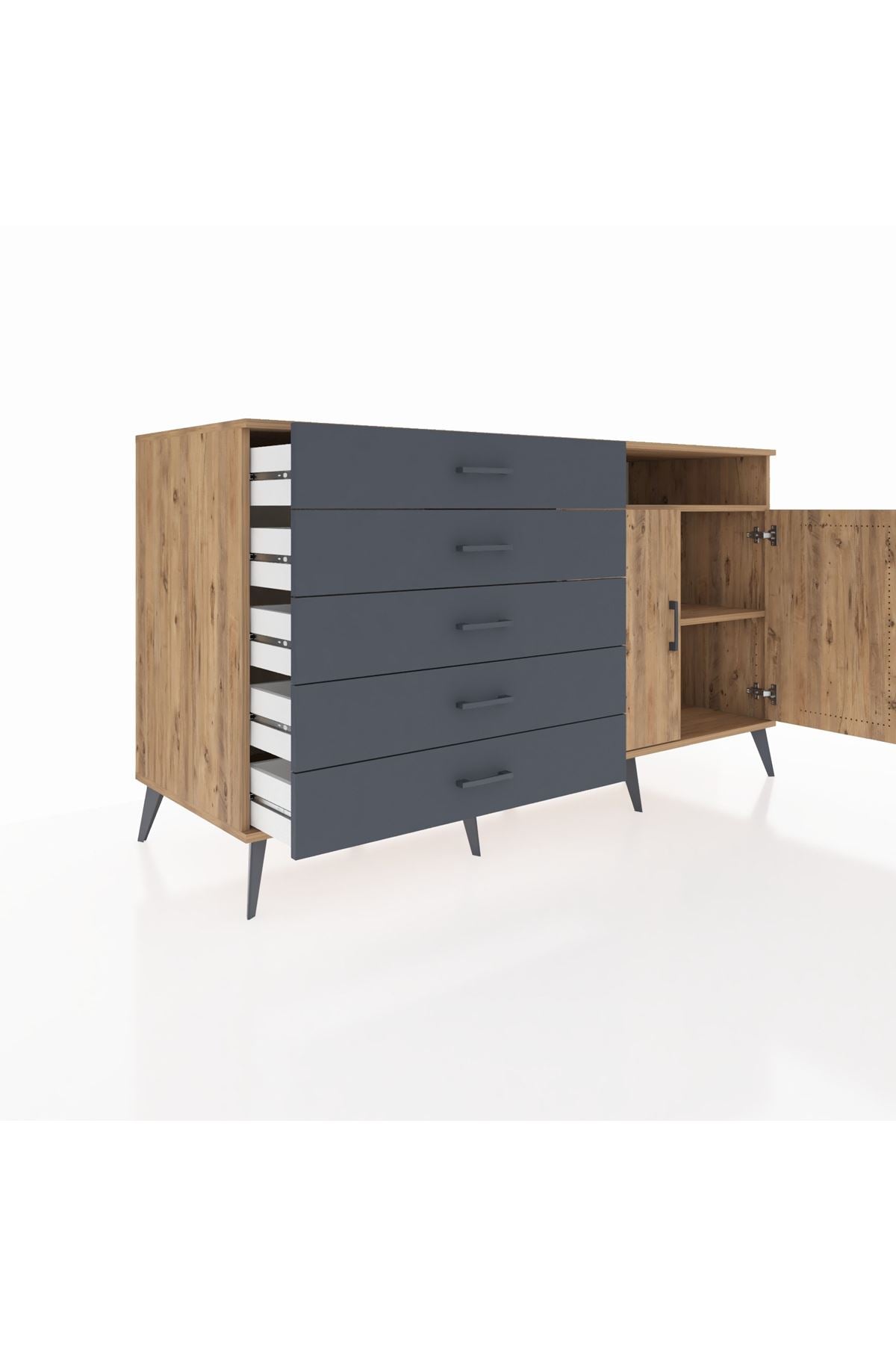 Kronos Konsol 2 Raflı 5 Çekmeceli 2 Kapaklı 176x59x99 Çam-Çam/Antrasit