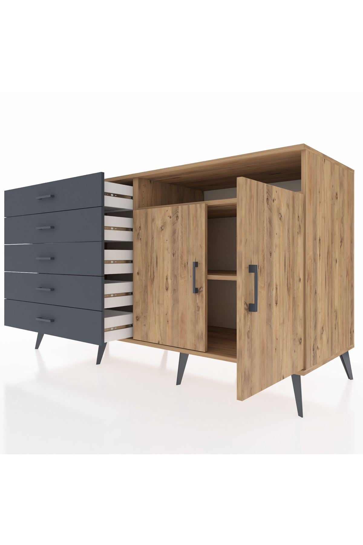 Kronos Konsol 2 Raflı 5 Çekmeceli 2 Kapaklı 176x59x99 Çam-Çam/Antrasit