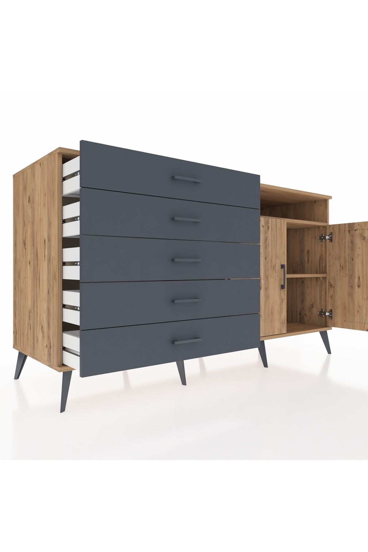 Kronos Konsol 2 Raflı 5 Çekmeceli 2 Kapaklı 176x59x99 Çam-Çam/Antrasit