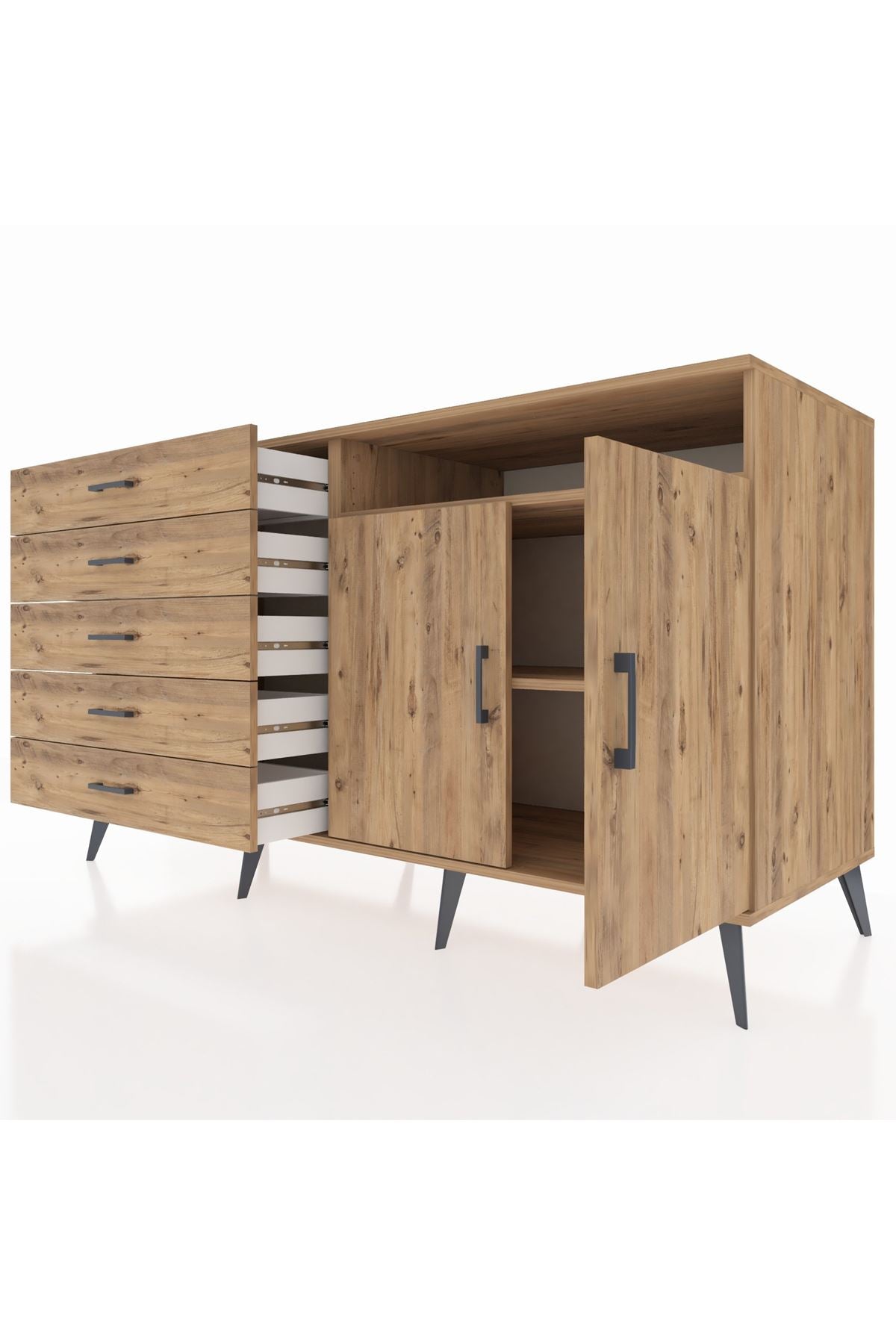 Kronos Konsol 2 Raflı 5 Çekmeceli 2 Kapaklı 176x59x99 Çam-Çam