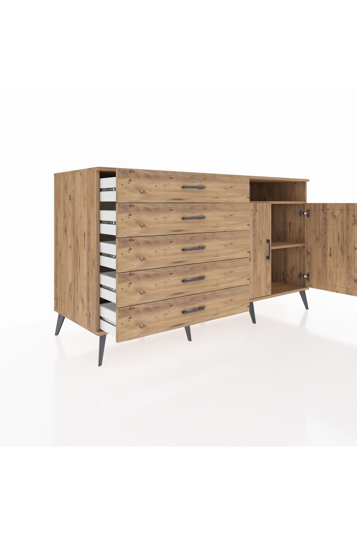 Kronos Konsol 2 Raflı 5 Çekmeceli 2 Kapaklı 176x59x99 Çam-Çam