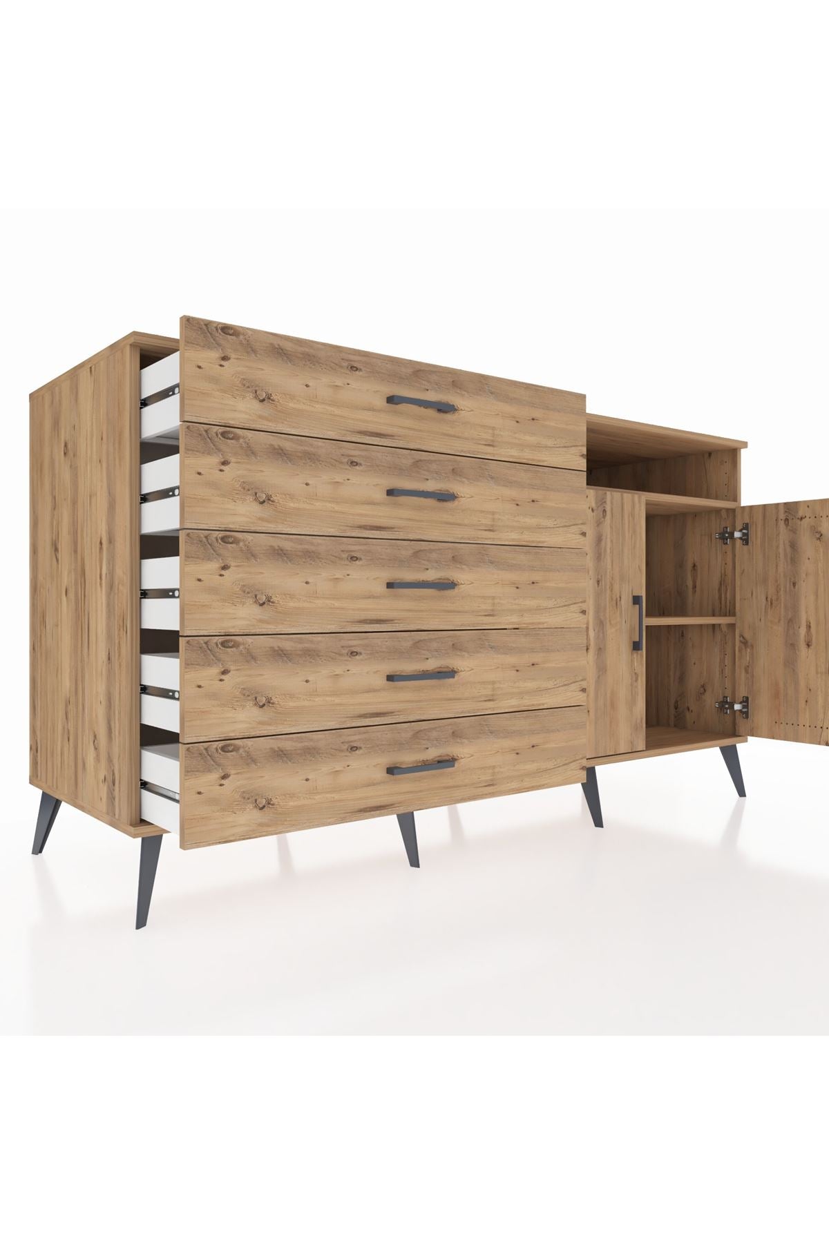 Kronos Konsol 2 Raflı 5 Çekmeceli 2 Kapaklı 176x59x99 Çam-Çam