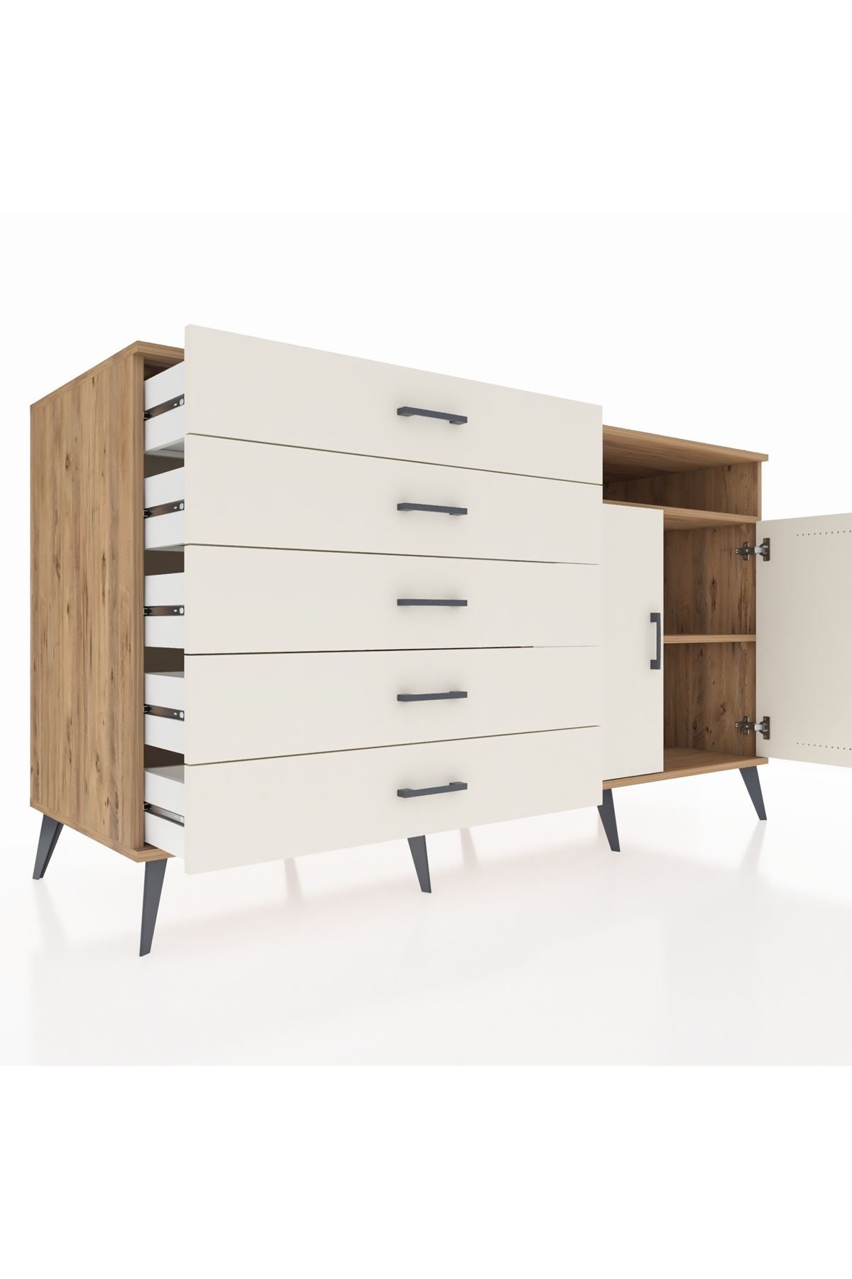 Kronos Konsol 2 Raflı 5 Çekmeceli 2 Kapaklı 176x59x99 Çam-Aytaşı