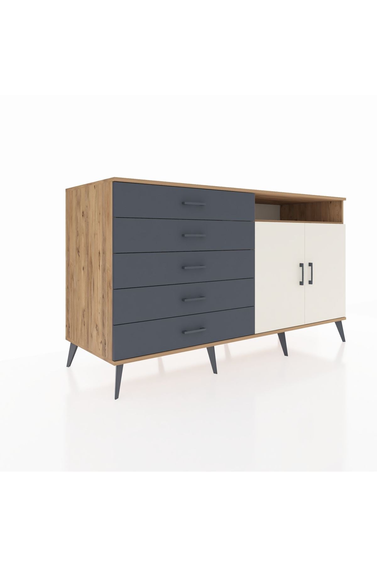 Kronos Konsol 2 Raflı 5 Çekmeceli 2 Kapaklı 176x59x99 Çam-Aytaşı/Antrasit