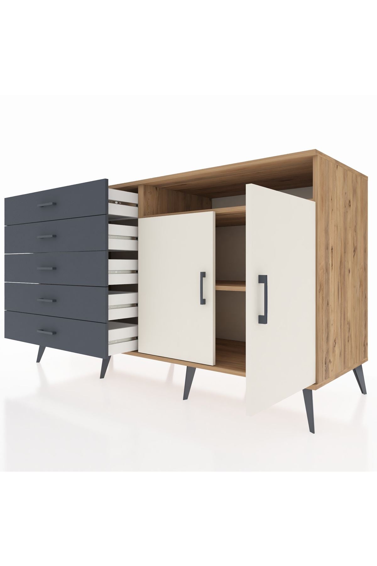 Kronos Konsol 2 Raflı 5 Çekmeceli 2 Kapaklı 176x59x99 Çam-Aytaşı/Antrasit