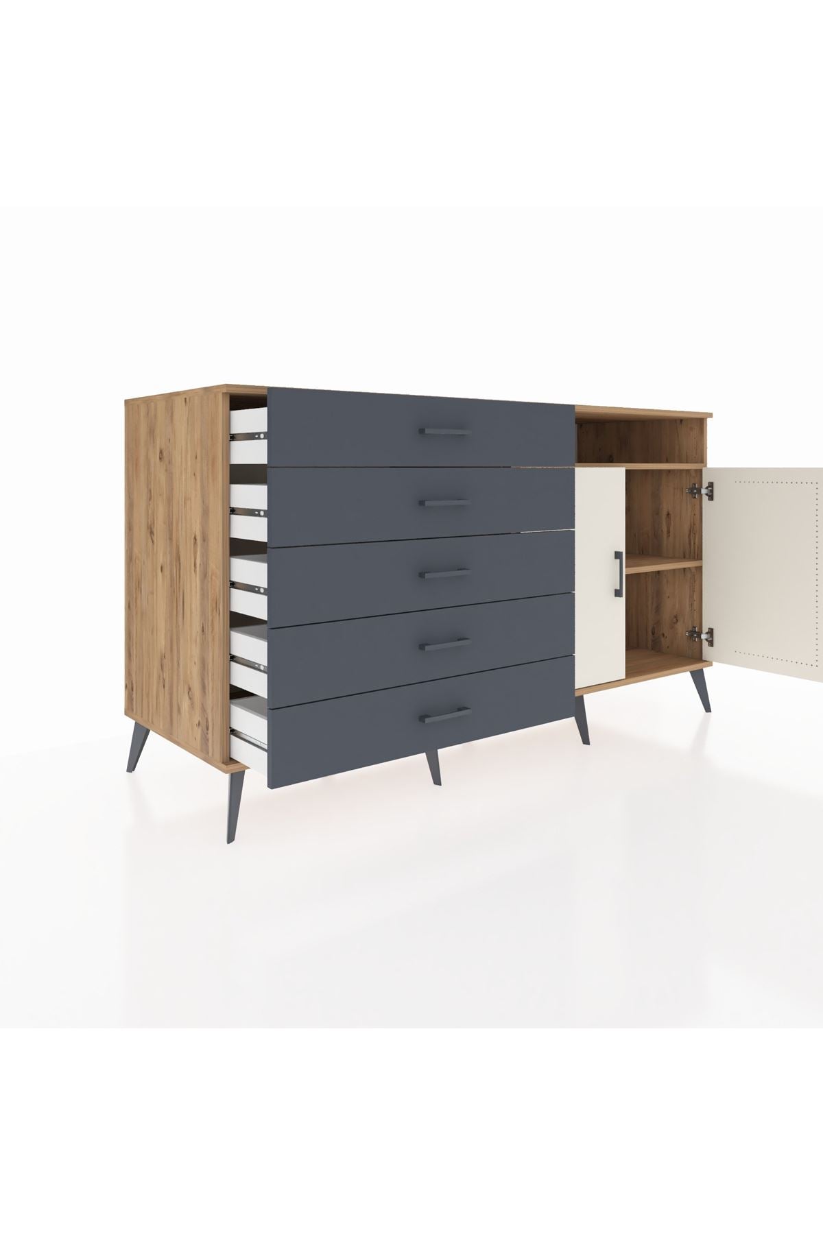 Kronos Konsol 2 Raflı 5 Çekmeceli 2 Kapaklı 176x59x99 Çam-Aytaşı/Antrasit