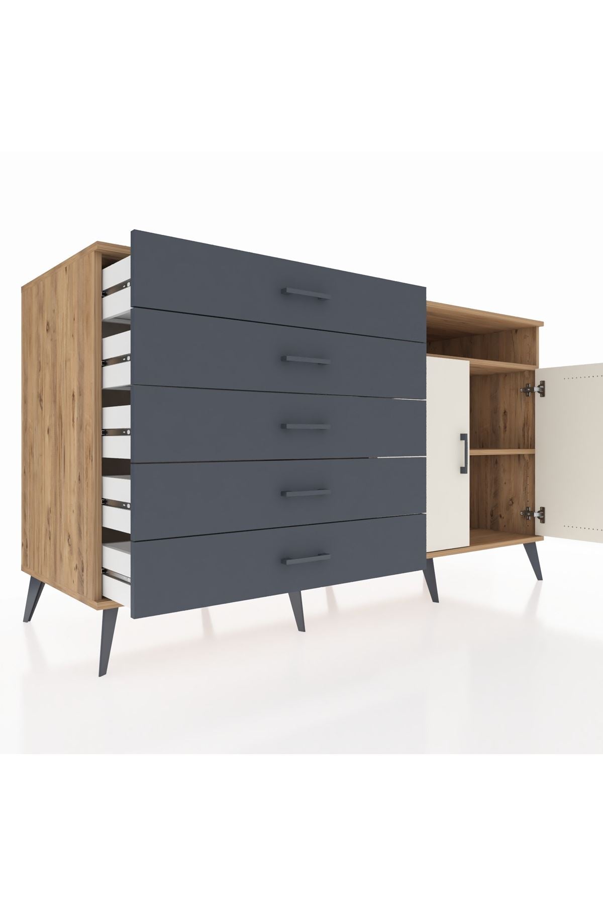 Kronos Konsol 2 Raflı 5 Çekmeceli 2 Kapaklı 176x59x99 Çam-Aytaşı/Antrasit