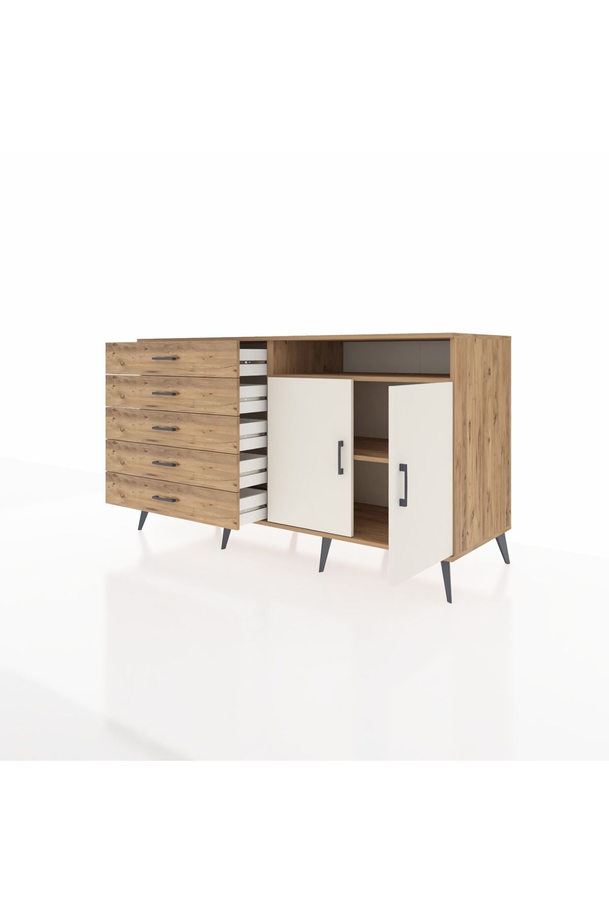 Kronos Konsol 2 Raflı 5 Çekmeceli 2 Kapaklı 176x59x99 Çam-Aytaşı/Çam