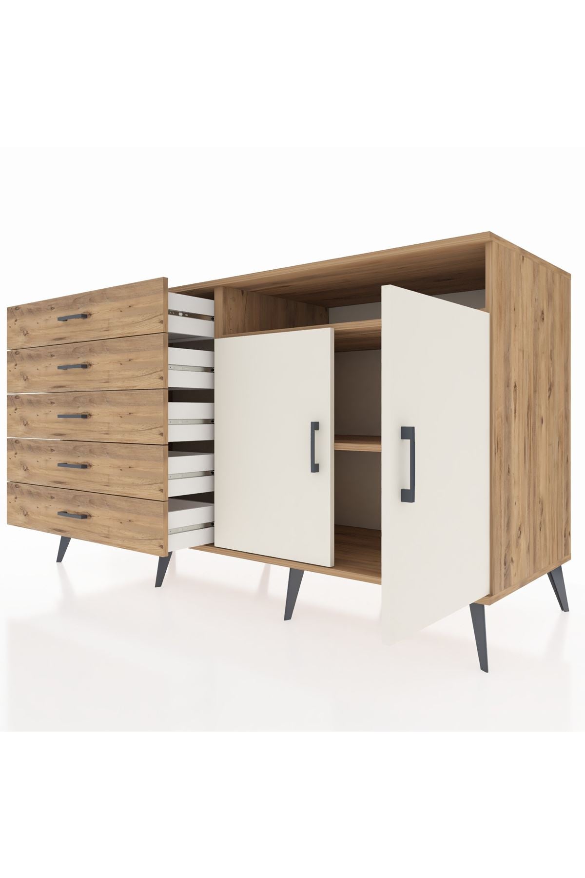 Kronos Konsol 2 Raflı 5 Çekmeceli 2 Kapaklı 176x59x99 Çam-Aytaşı/Çam