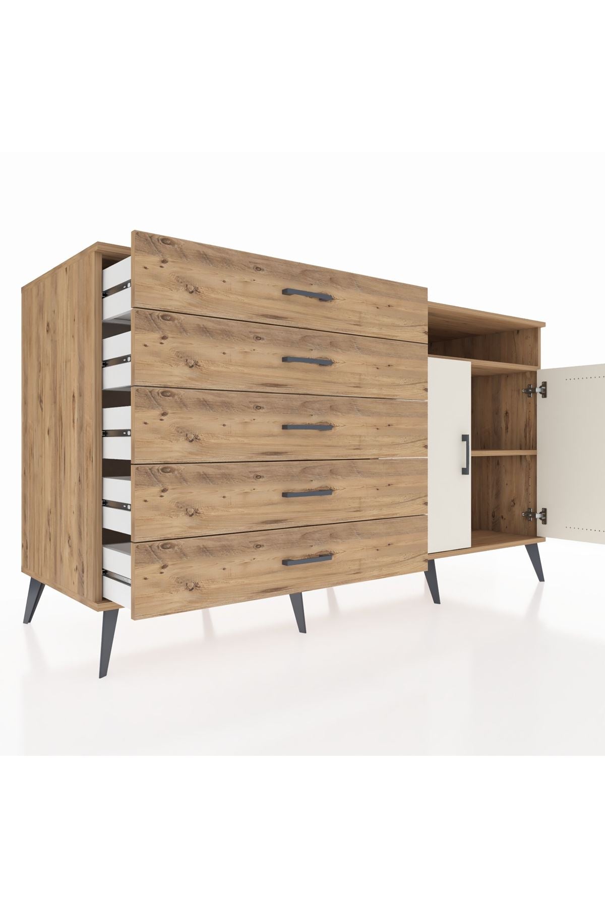 Kronos Konsol 2 Raflı 5 Çekmeceli 2 Kapaklı 176x59x99 Çam-Aytaşı/Çam