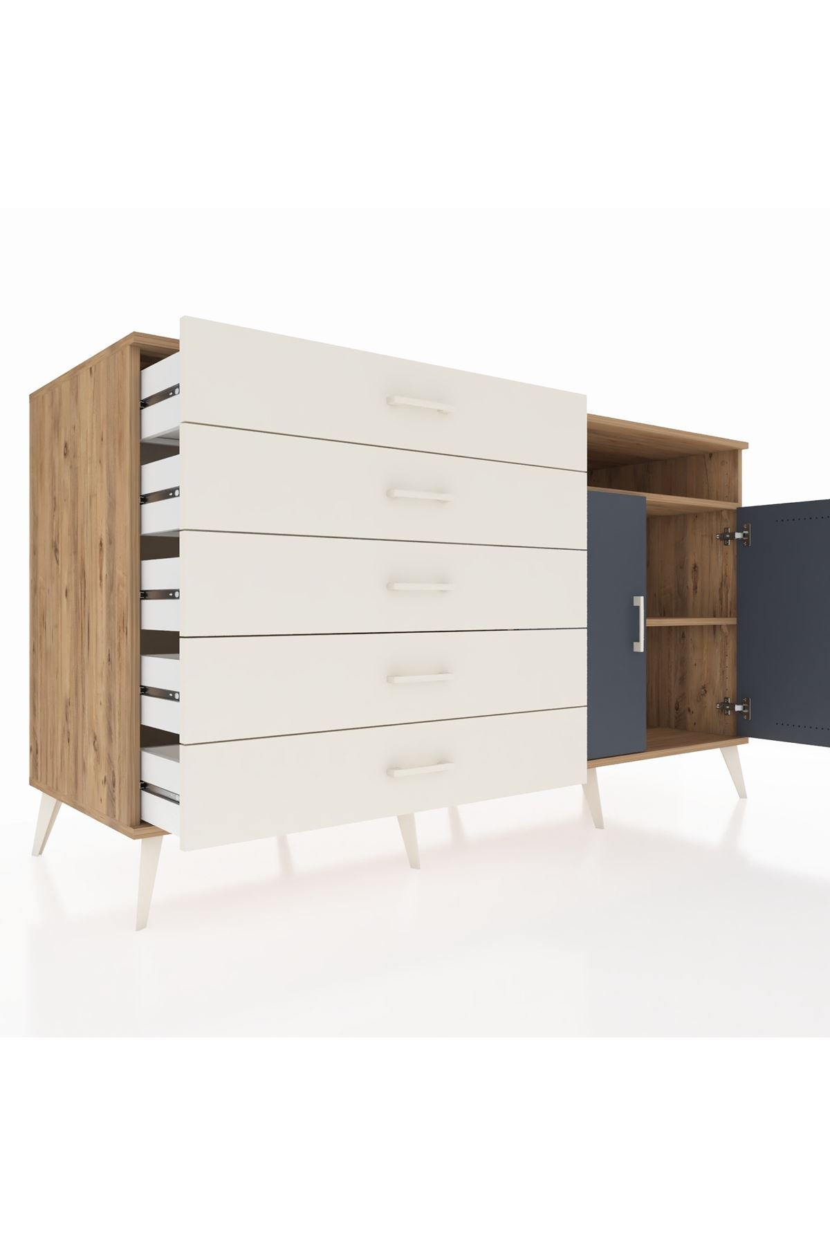 Kronos Konsol 2 Raflı 5 Çekmeceli 2 Kapaklı 176x59x99 Çam-Antrasit/Aytaşı