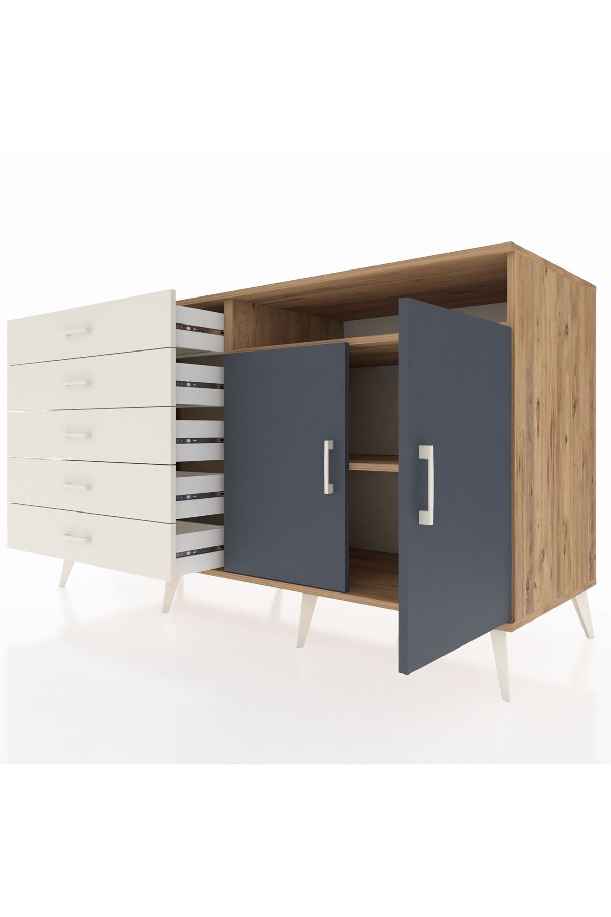 Kronos Konsol 2 Raflı 5 Çekmeceli 2 Kapaklı 176x59x99 Çam-Antrasit/Aytaşı