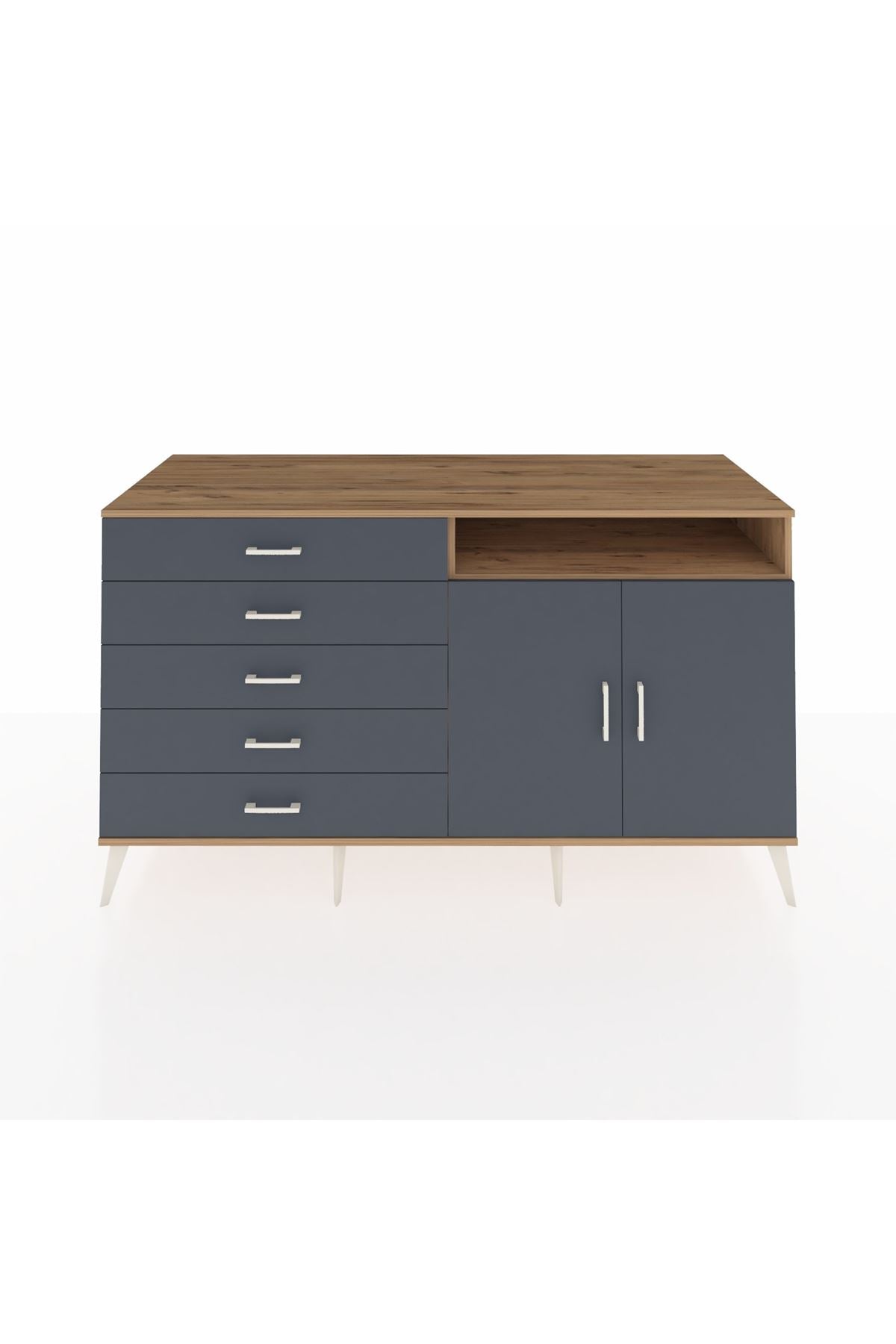 Kronos Konsol 2 Raflı 5 Çekmeceli 2 Kapaklı 176x59x99 Çam-Antrasit