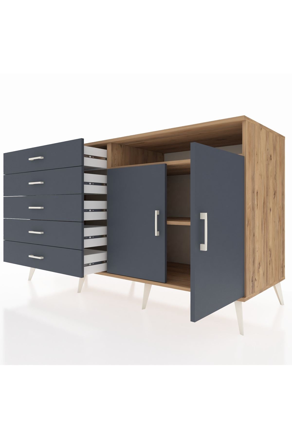 Kronos Konsol 2 Raflı 5 Çekmeceli 2 Kapaklı 176x59x99 Çam-Antrasit