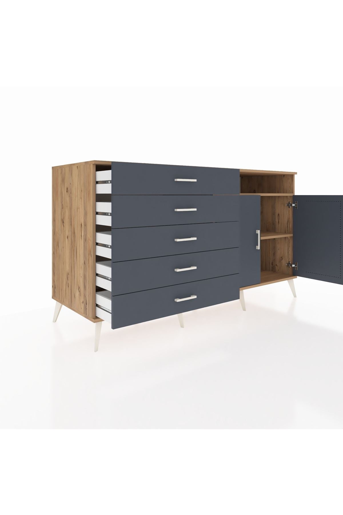 Kronos Konsol 2 Raflı 5 Çekmeceli 2 Kapaklı 176x59x99 Çam-Antrasit