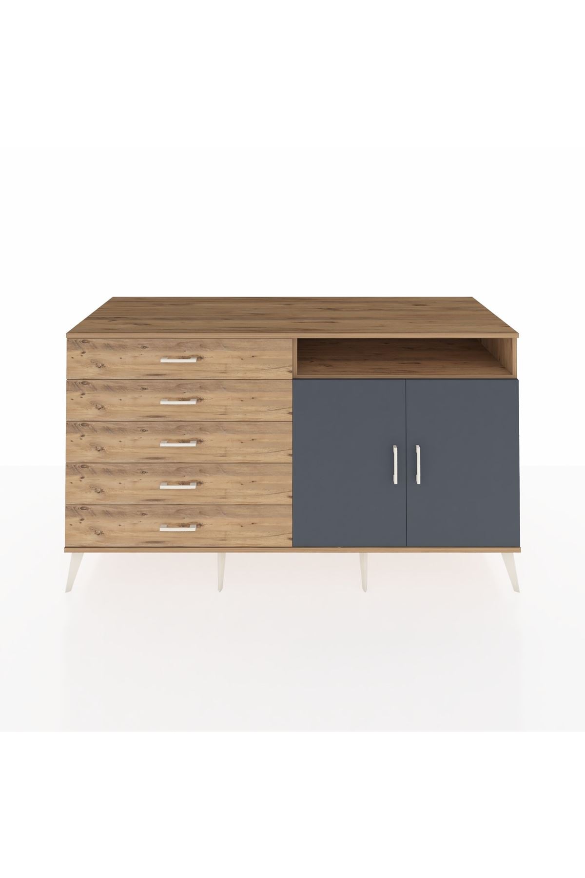 Kronos Konsol 2 Raflı 5 Çekmeceli 2 Kapaklı 176x59x99 Çam-Antrasit/Çam