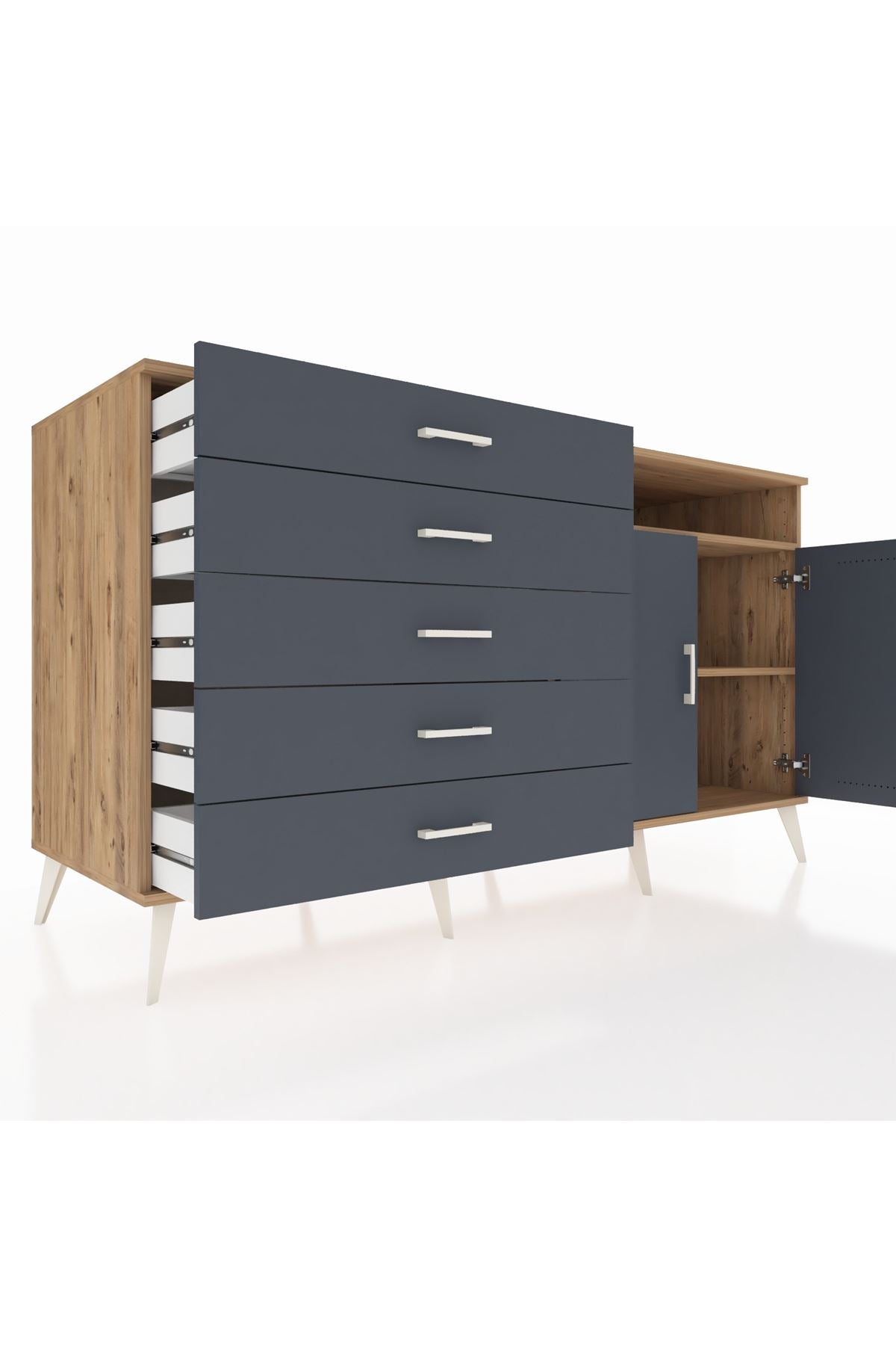 Kronos Konsol 2 Raflı 5 Çekmeceli 2 Kapaklı 176x59x99 Çam-Antrasit