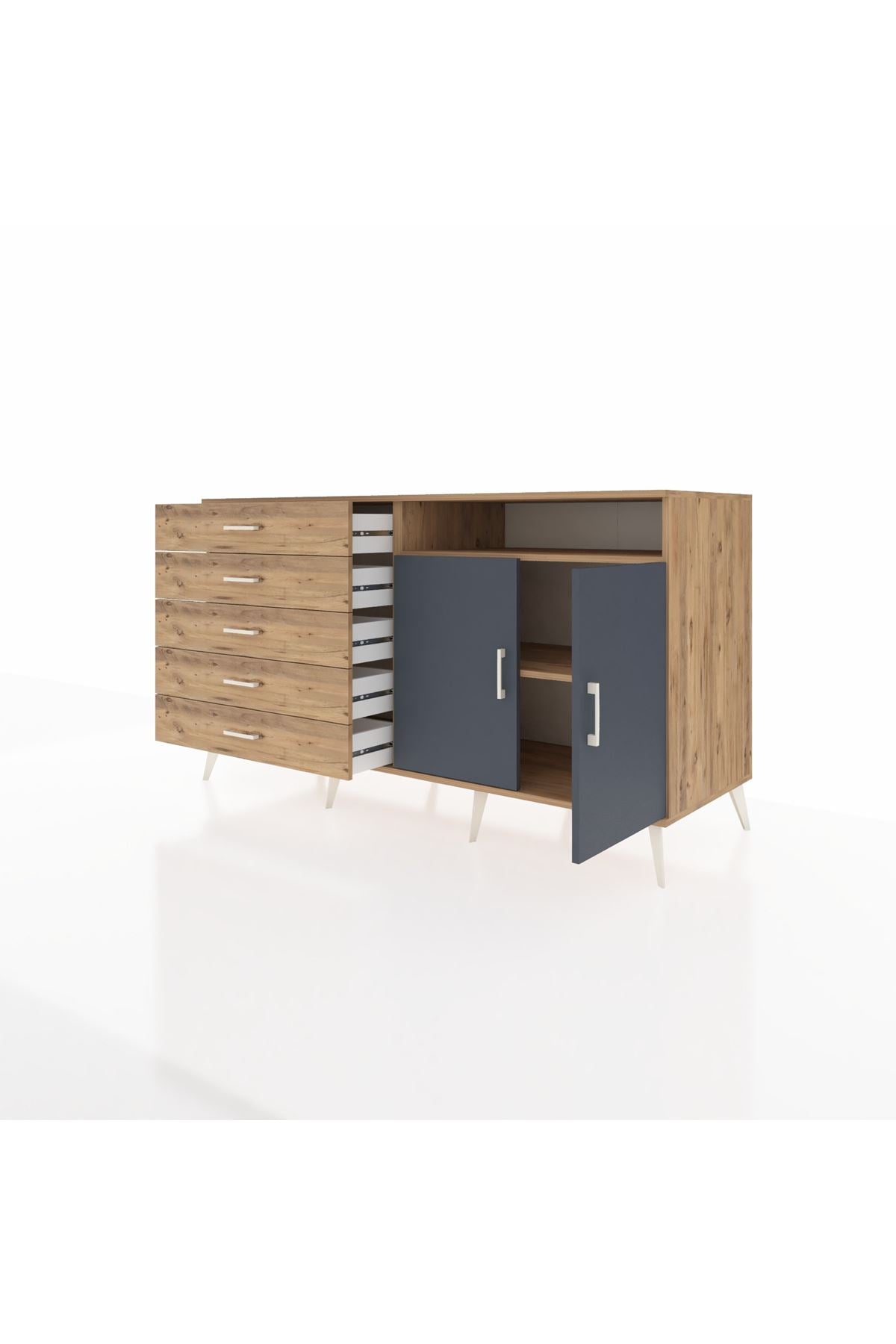 Kronos Konsol 2 Raflı 5 Çekmeceli 2 Kapaklı 176x59x99 Çam-Antrasit/Çam