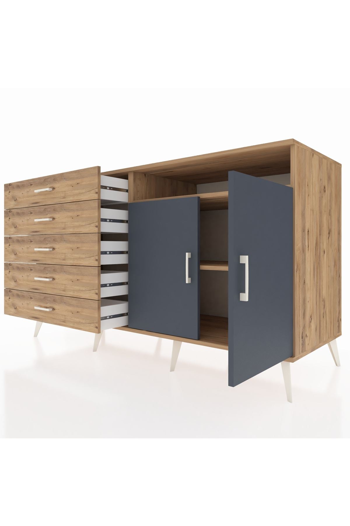 Kronos Konsol 2 Raflı 5 Çekmeceli 2 Kapaklı 176x59x99 Çam-Antrasit/Çam