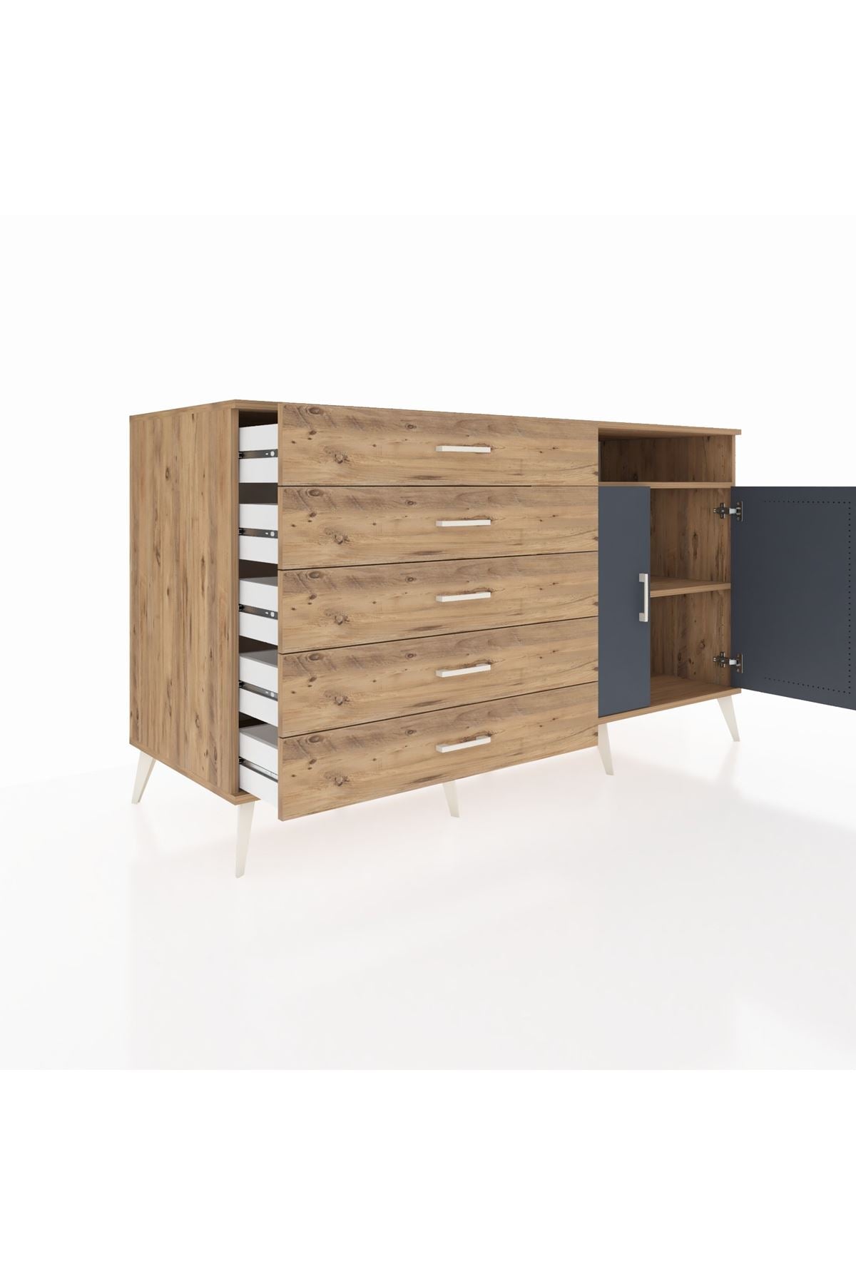 Kronos Konsol 2 Raflı 5 Çekmeceli 2 Kapaklı 176x59x99 Çam-Antrasit/Çam