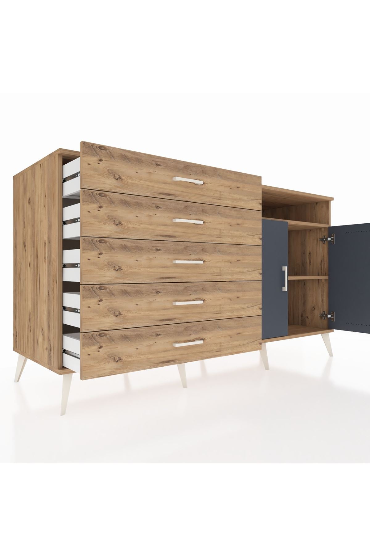 Kronos Konsol 2 Raflı 5 Çekmeceli 2 Kapaklı 176x59x99 Çam-Antrasit/Çam