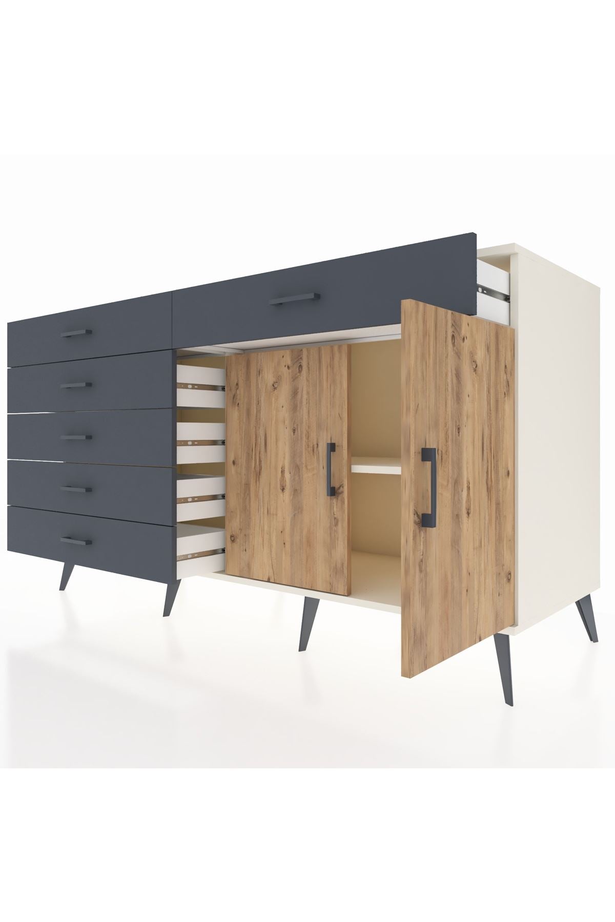 Kronos Konsol Tek Raflı 6 Çekmeceli 2 Kapaklı 176x59x99 Aytaşı-Çam/Antrasit