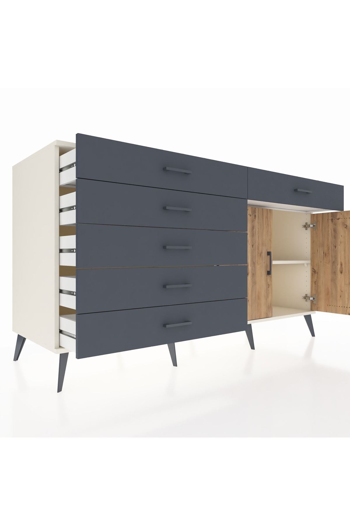 Kronos Konsol Tek Raflı 6 Çekmeceli 2 Kapaklı 176x59x99 Aytaşı-Çam/Antrasit