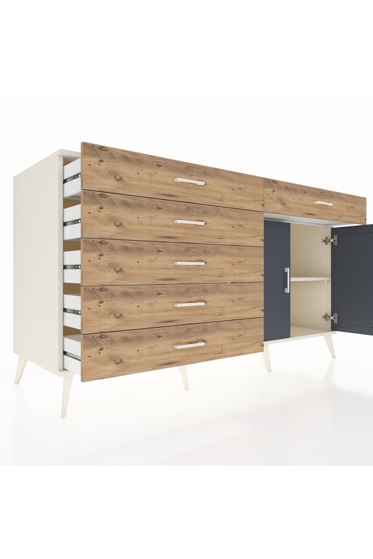 Kronos Konsol Tek Raflı 6 Çekmeceli 2 Kapaklı 176x59x99 Aytaşı-Antrasit/Çam