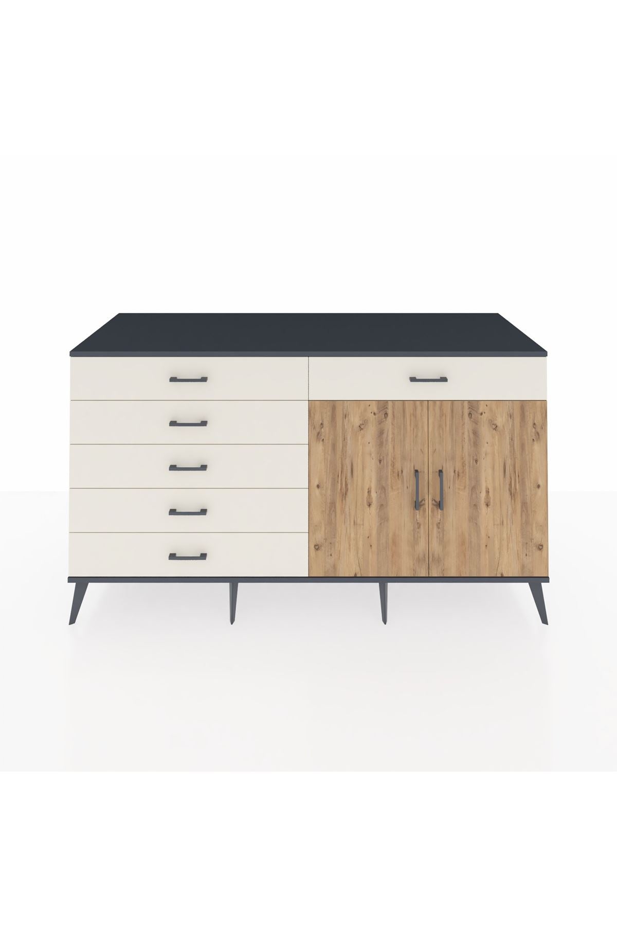 Kronos Konsol Tek Raflı 6 Çekmeceli 2 Kapaklı 176x59x99 Antrasit-Çam/Aytaşı