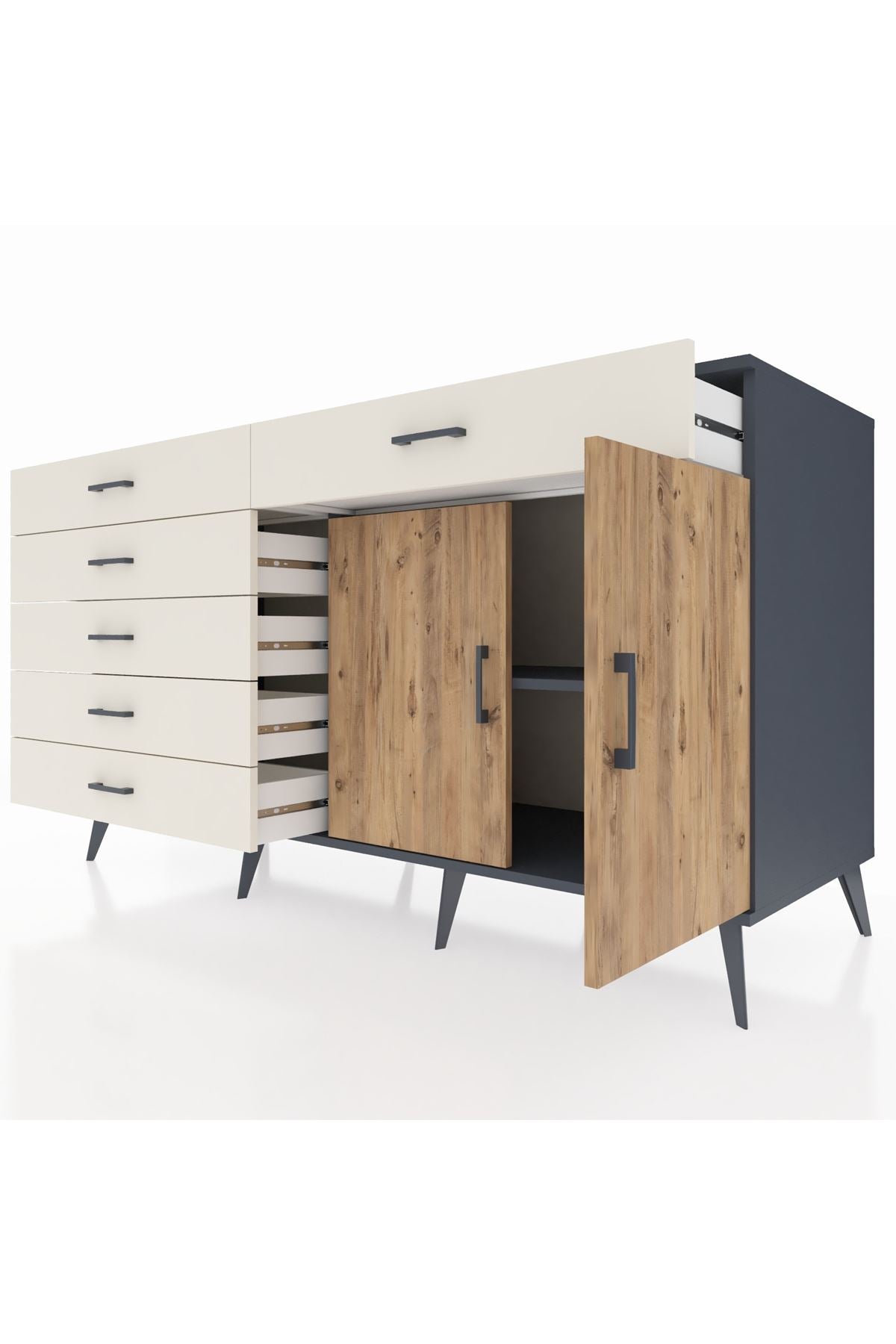 Kronos Konsol Tek Raflı 6 Çekmeceli 2 Kapaklı 176x59x99 Antrasit-Çam/Aytaşı