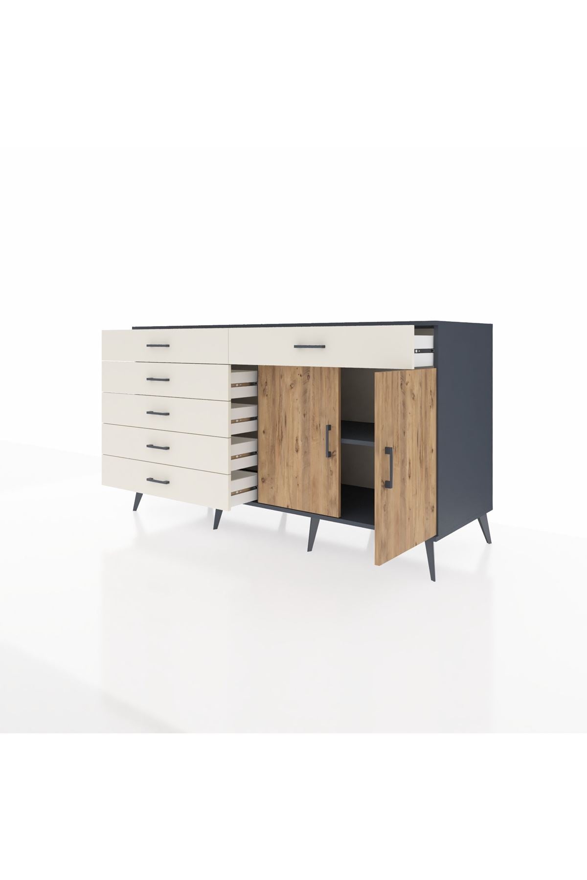 Kronos Konsol Tek Raflı 6 Çekmeceli 2 Kapaklı 176x59x99 Antrasit-Çam/Aytaşı