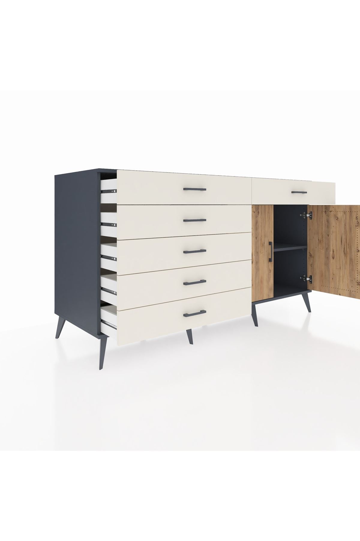 Kronos Konsol Tek Raflı 6 Çekmeceli 2 Kapaklı 176x59x99 Antrasit-Çam/Aytaşı