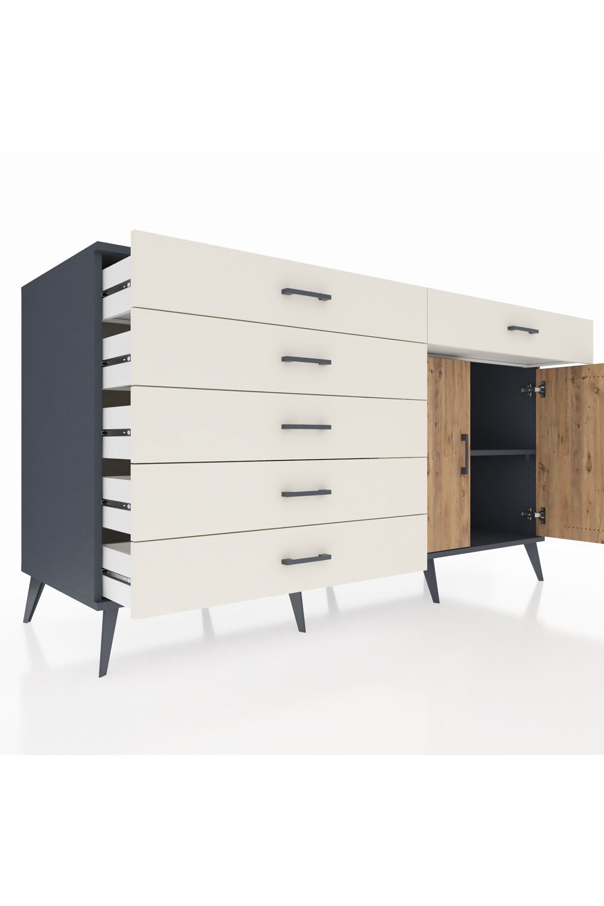 Kronos Konsol Tek Raflı 6 Çekmeceli 2 Kapaklı 176x59x99 Antrasit-Çam/Aytaşı