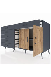 Kronos Konsol Tek Raflı 6 Çekmeceli 2 Kapaklı 176x59x99 Antrasit-Çam/Antrasit