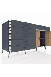 Kronos Konsol Tek Raflı 6 Çekmeceli 2 Kapaklı 176x59x99 Antrasit-Çam/Antrasit