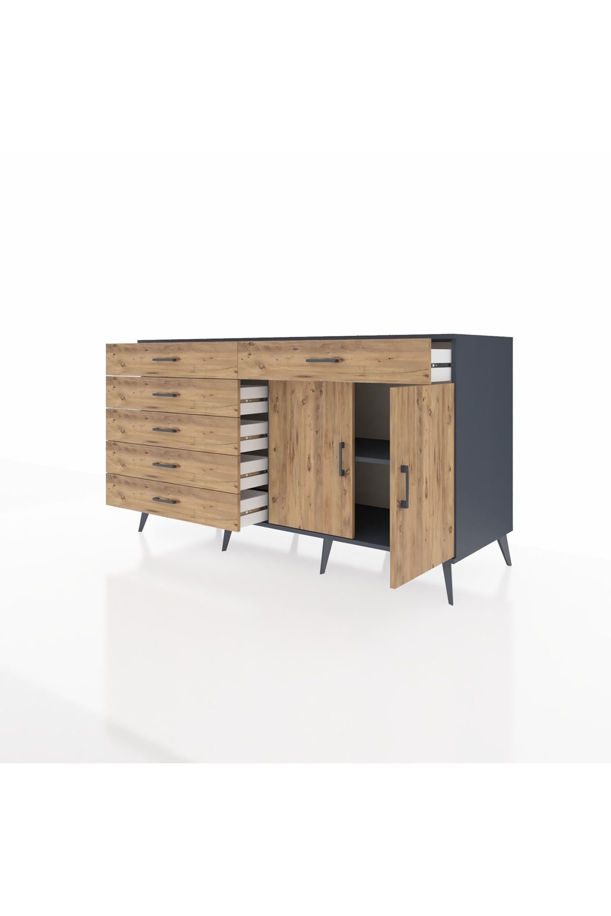 Kronos Konsol Tek Raflı 6 Çekmeceli 2 Kapaklı 176x59x99 Antrasit-Çam