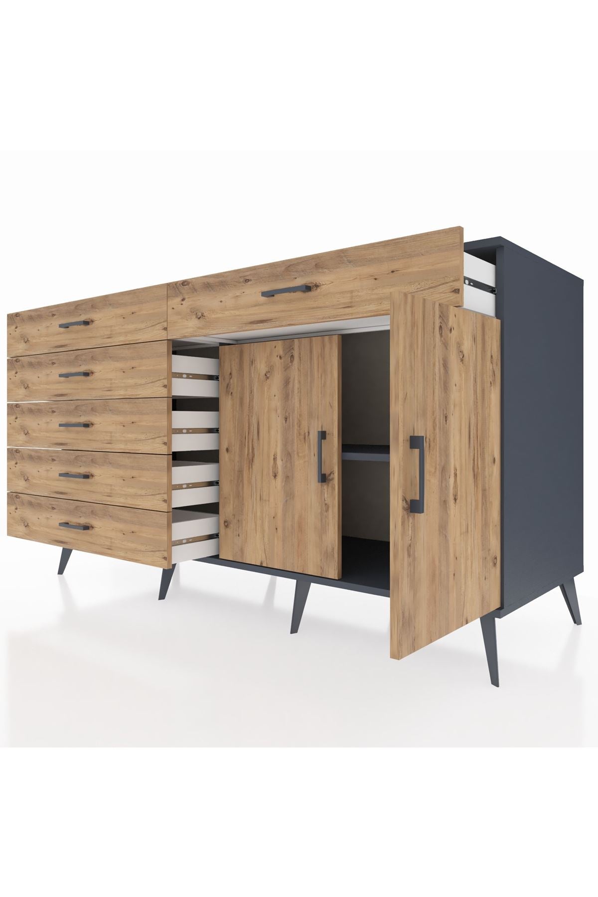 Kronos Konsol Tek Raflı 6 Çekmeceli 2 Kapaklı 176x59x99 Antrasit-Çam