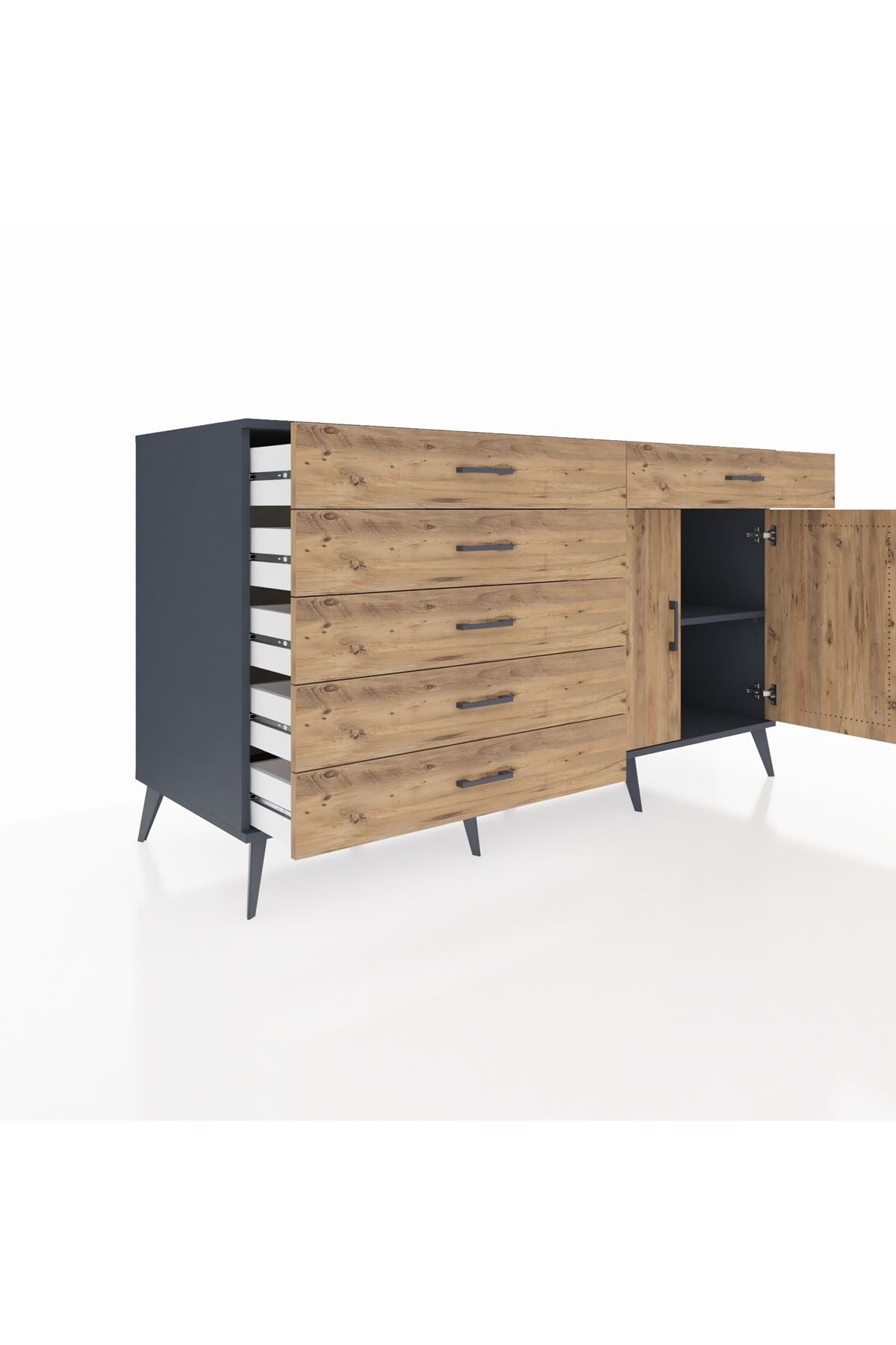 Kronos Konsol Tek Raflı 6 Çekmeceli 2 Kapaklı 176x59x99 Antrasit-Çam