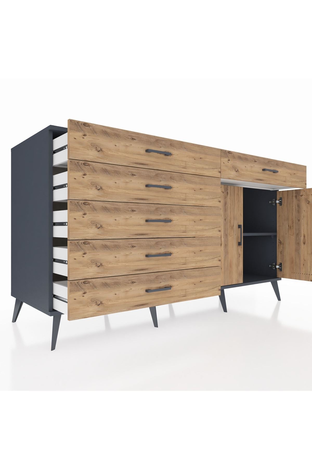 Kronos Konsol Tek Raflı 6 Çekmeceli 2 Kapaklı 176x59x99 Antrasit-Çam