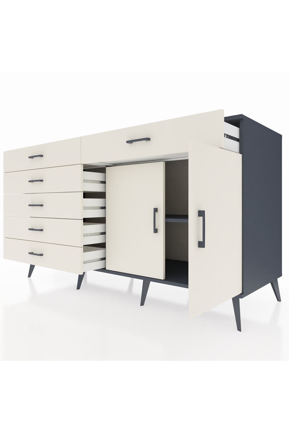 Kronos Konsol Tek Raflı 6 Çekmeceli 2 Kapaklı 176x59x99 Antrasit-Aytaşı