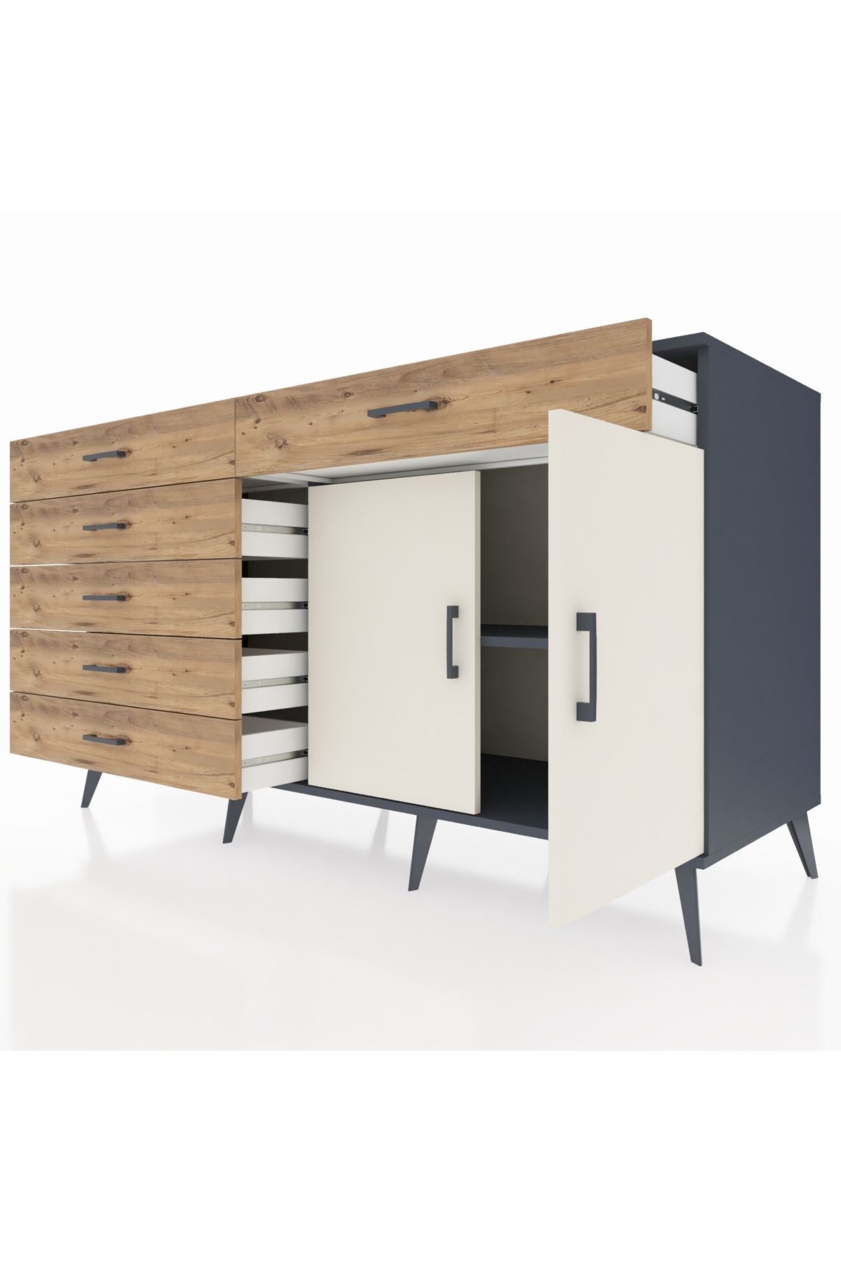 Kronos Konsol Tek Raflı 6 Çekmeceli 2 Kapaklı 176x59x99 Antrasit-Aytaşı/Çam