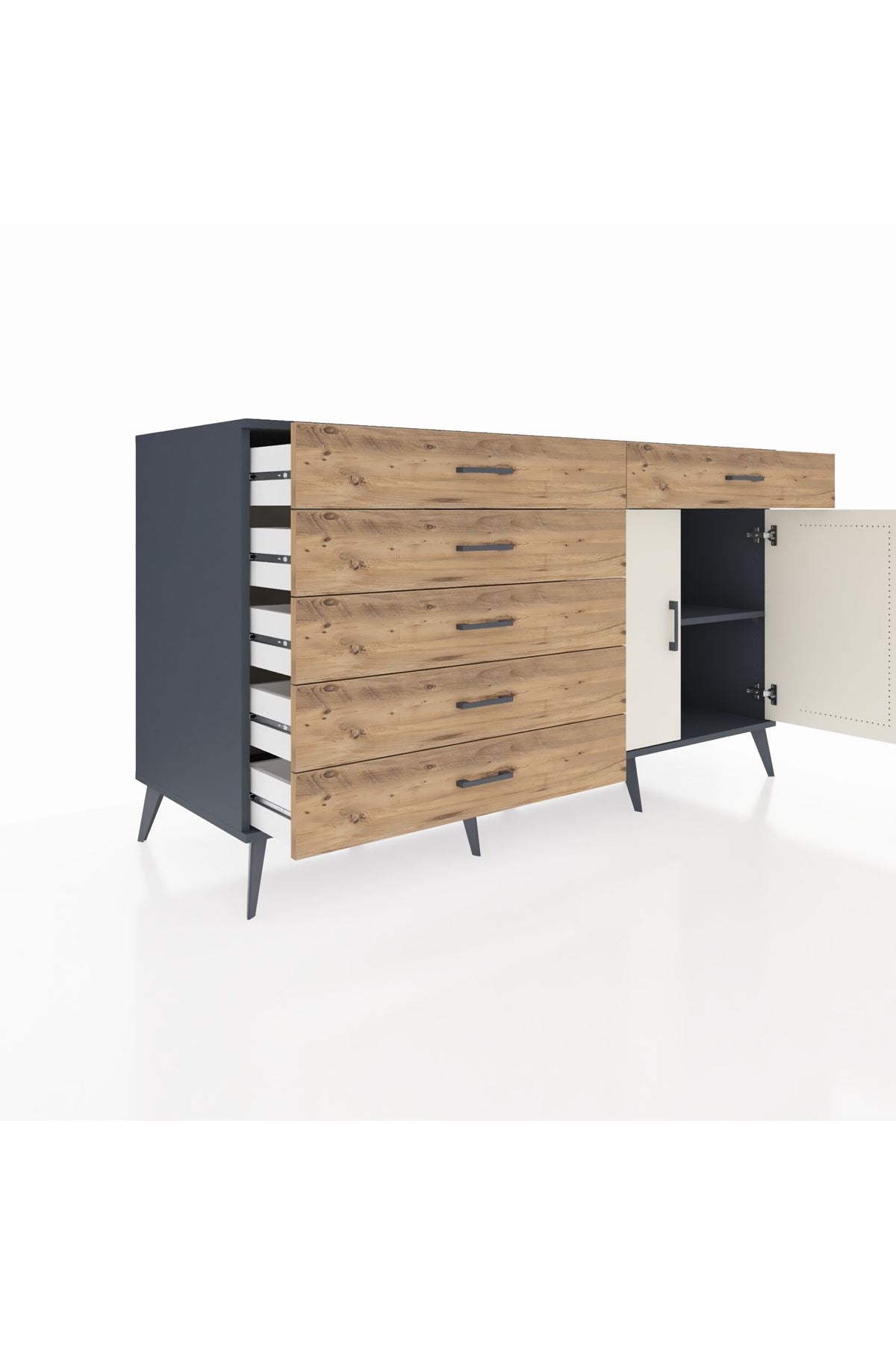 Kronos Konsol Tek Raflı 6 Çekmeceli 2 Kapaklı 176x59x99 Antrasit-Aytaşı/Çam