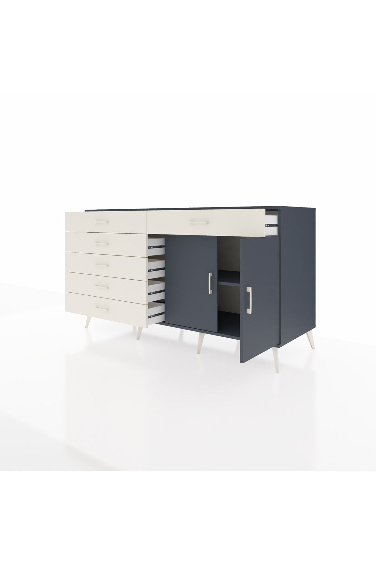 Kronos Konsol Tek Raflı 6 Çekmeceli 2 Kapaklı 176x59x99 Antrasit-Antrasit/Aytaşı