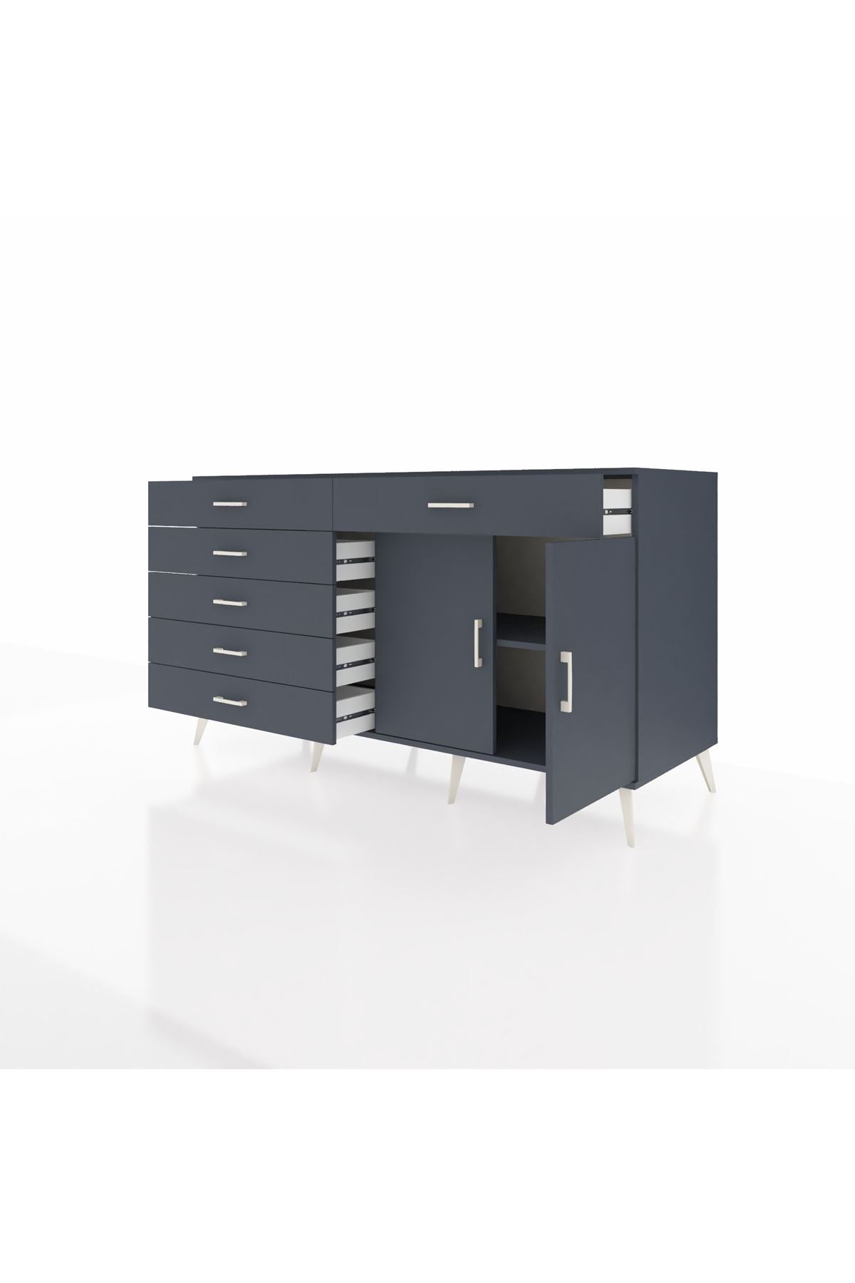 Kronos Konsol Tek Raflı 6 Çekmeceli 2 Kapaklı 176x59x99 Antrasit-Antrasit